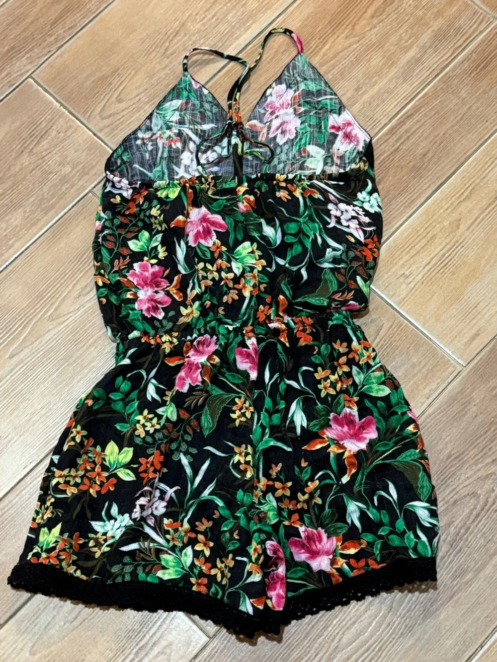 Ella Moss Black Floral Lace-Trim Romper